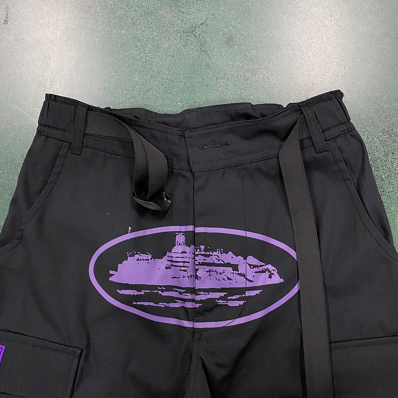 Calça Corteiz Cargo Preto com Roxo