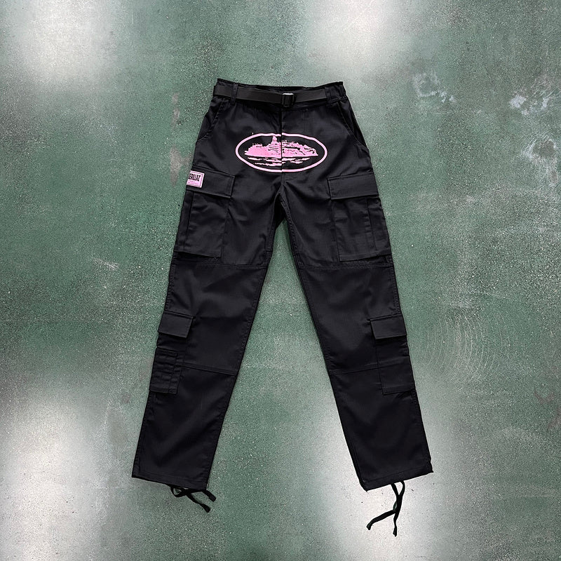 Calça Corteiz Cargo Preto com Rosa