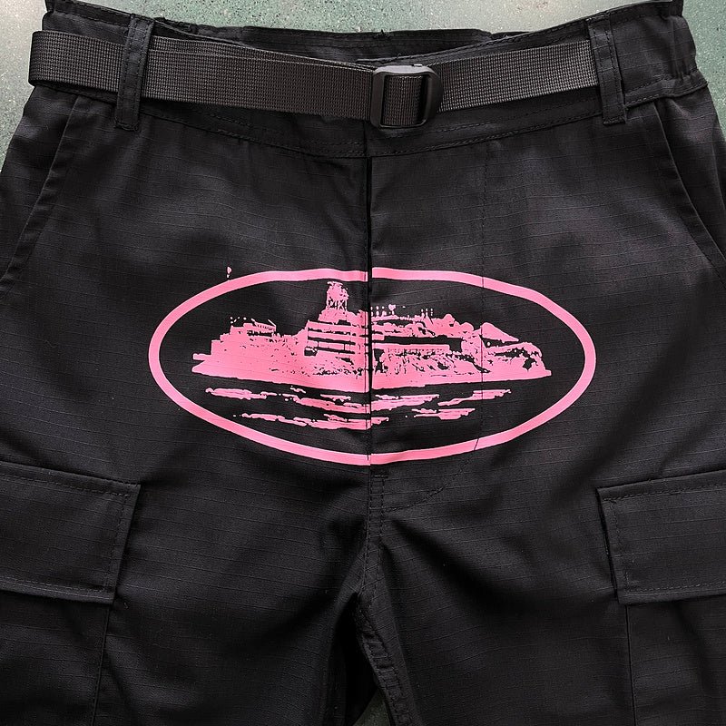 Calça Corteiz Cargo Preto com Rosa