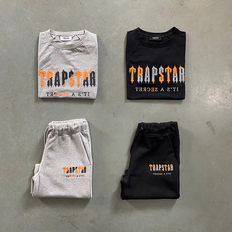 Conjunto Trapstar Verão Cinza Preto com Laranja