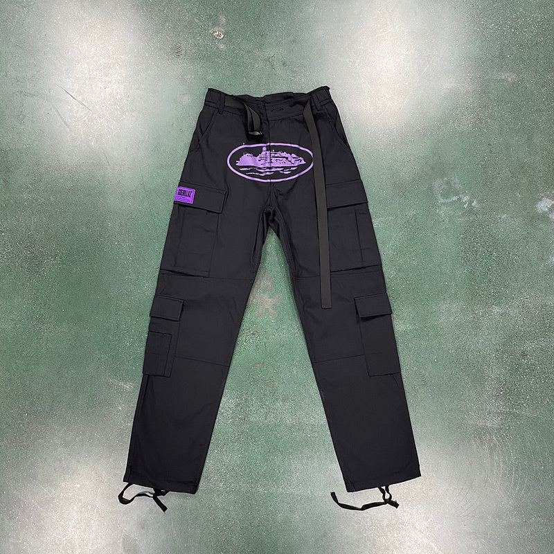 Calça Corteiz Cargo Preto com Roxo