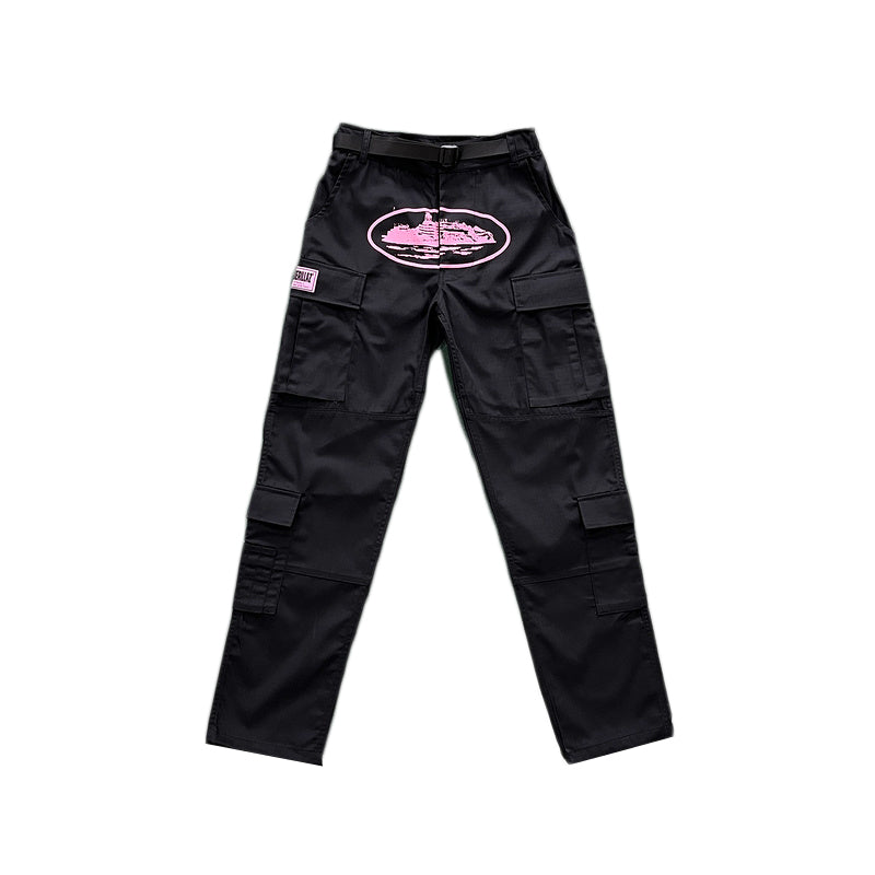 Calça Corteiz Cargo Preto com Rosa